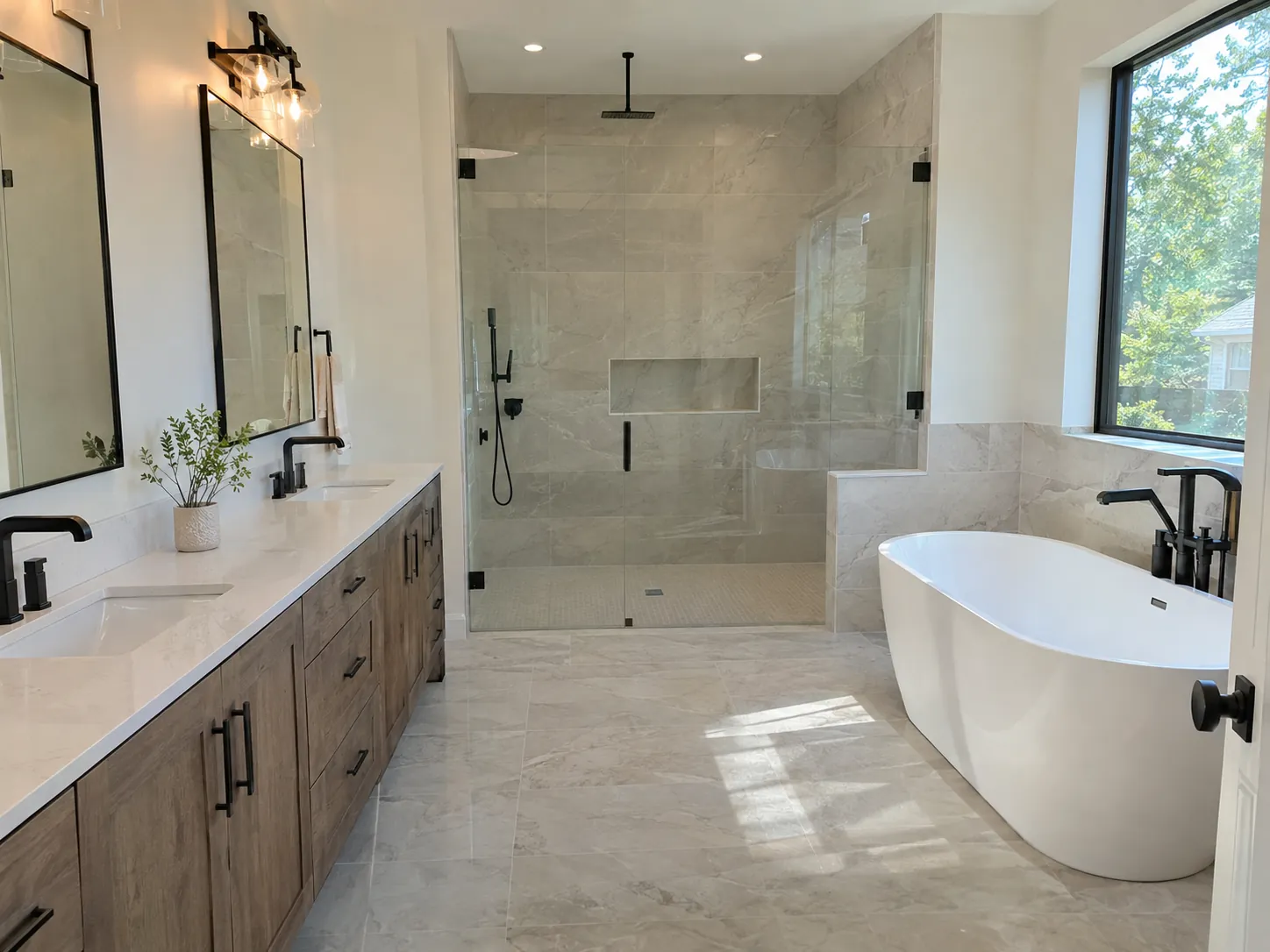 Remodeled primary bathroom with walk-in shower and freestanding tub